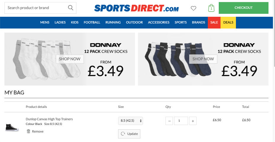 sports direct showing socks to buy alongside shoes